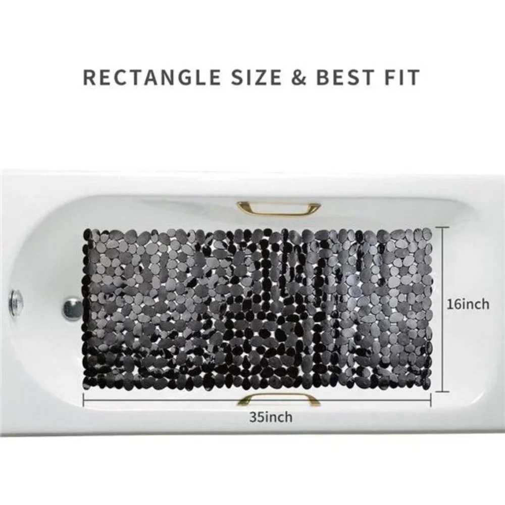 Non Slip Pebble Bathtub Mat Black Shower Mat Suction Cups Drain Holes PVC Bath